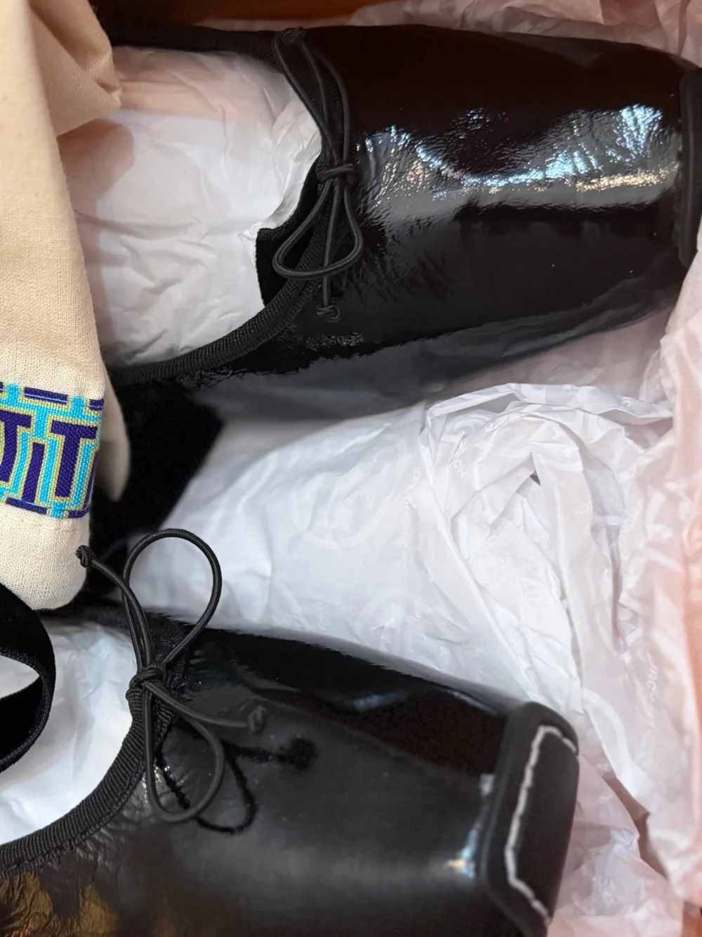Tory Burch Black Patent Leather Ballet Flats with Ankle Ties
